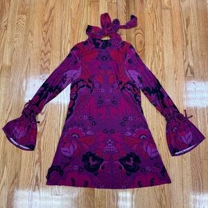 Free People Purple Floral Retro Boho Long Sleeve Retro Mod Scoop Back Dress